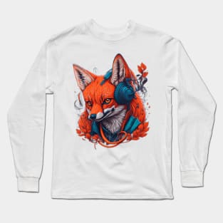 Digital AI Art FOX Animal Wearing Headphones Long Sleeve T-Shirt